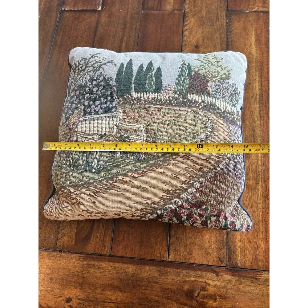 Vintage Lot Of 2 Tapestry Throw Pillow Garden Bench Floral Landscape Cottagecore